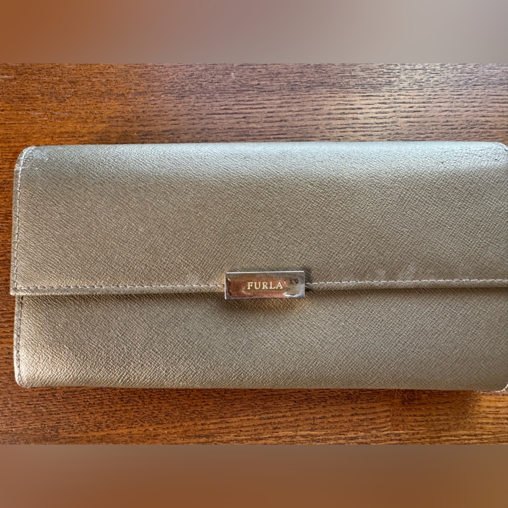 FURLA Long Flap-Style Continental Gold Tone Saffiano Leather Wallet w/COA